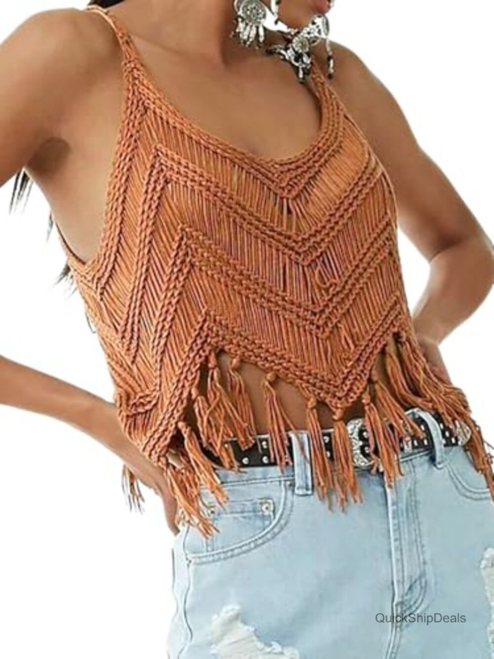 Women's Fringe Cami Crochet Crop Top Boho Western Cowgirl Tassel Tank